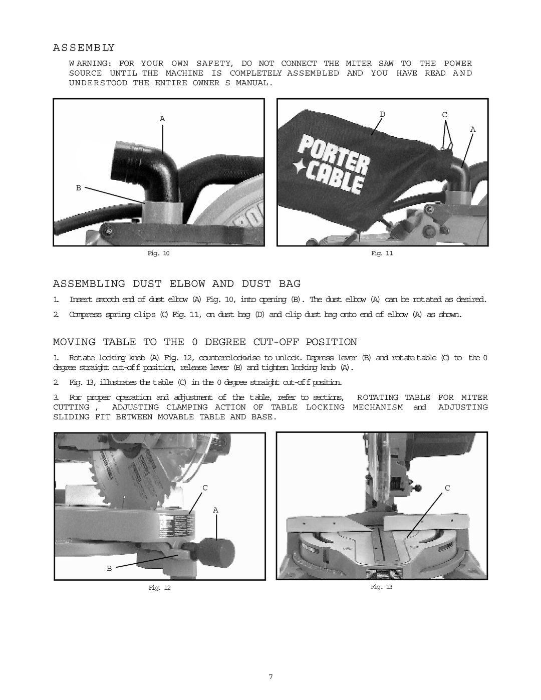 Porter-Cable 3807 Assembly, Assembling Dust Elbow and Dust BAG, Moving Table to the 0 Degree CUT-OFF Position 