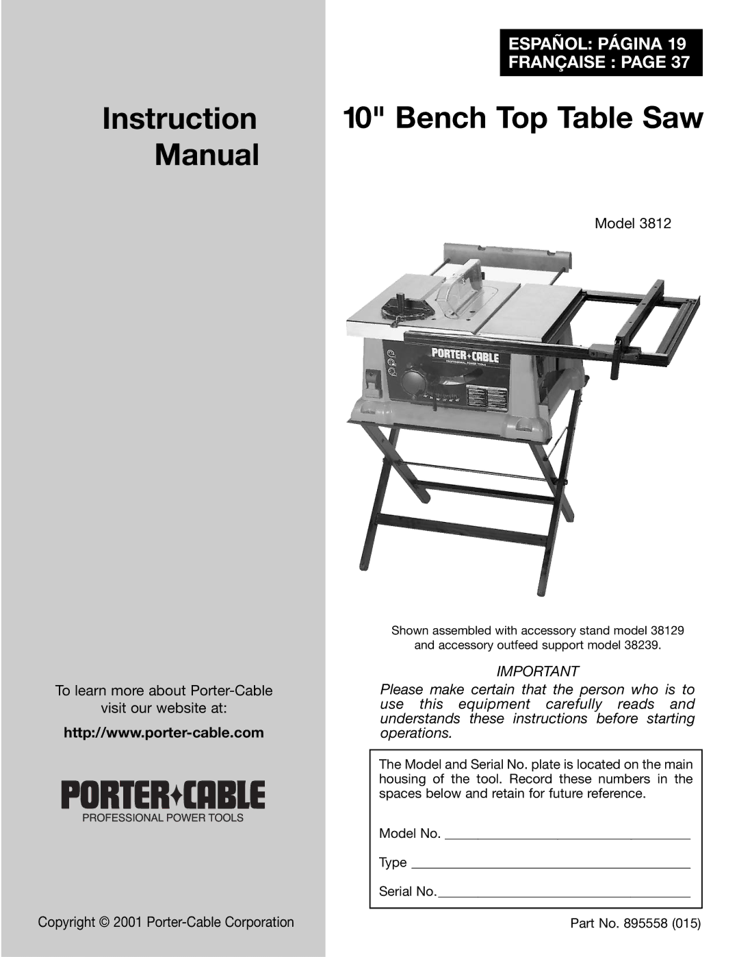 Porter-Cable 3812 instruction manual Instruction Bench Top Table Saw Manual 