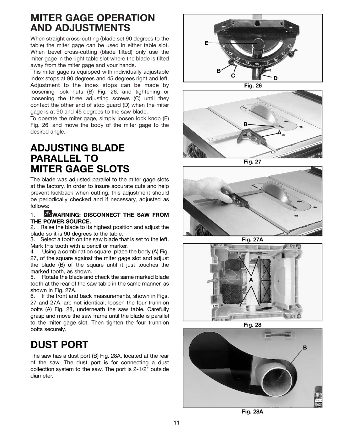 Porter-Cable 3812 Miter Gage Operation and Adjustments, Adjusting Blade Parallel to Miter Gage Slots, Dust Port 