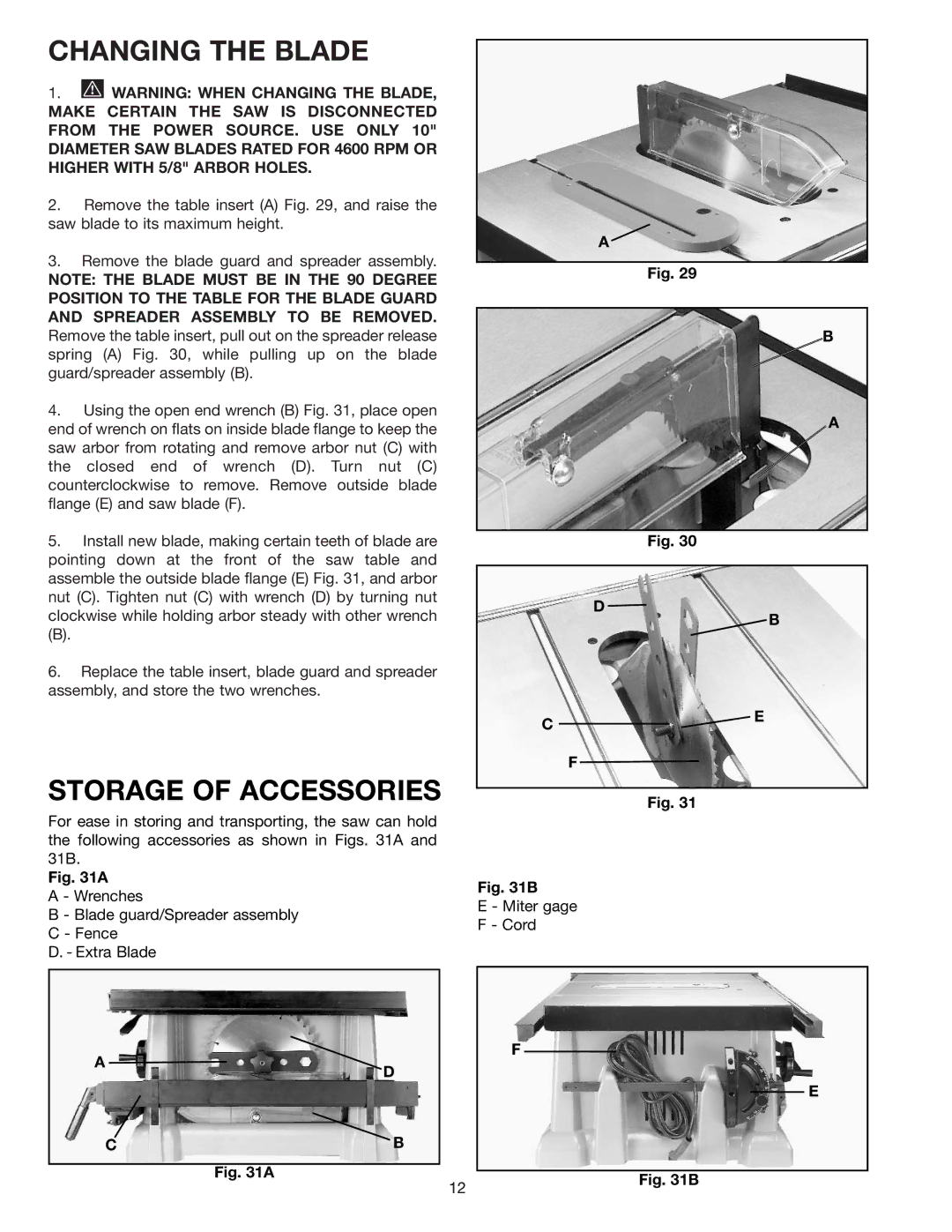 Porter-Cable 3812 instruction manual Changing the Blade, Storage of Accessories 