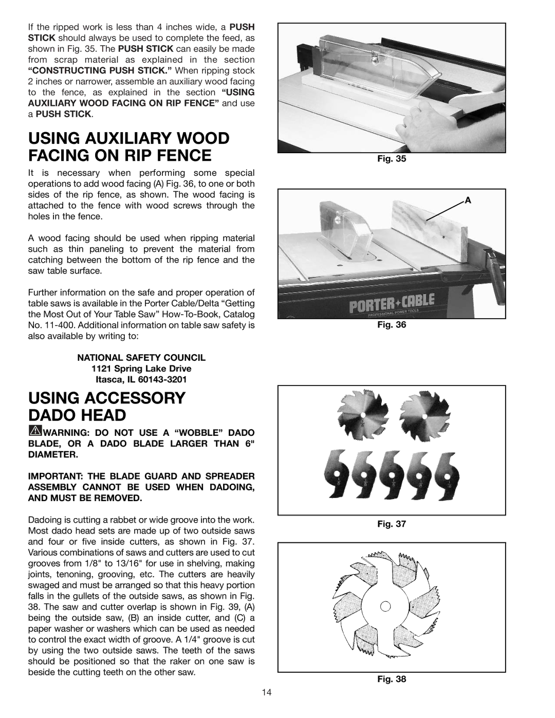 Porter-Cable 3812 instruction manual Using Auxiliary Wood Facing on RIP Fence, Using Accessory Dado Head 