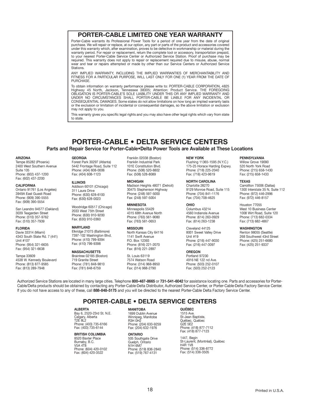 Porter-Cable 3812 instruction manual PORTER-CABLE Delta Service Centers 