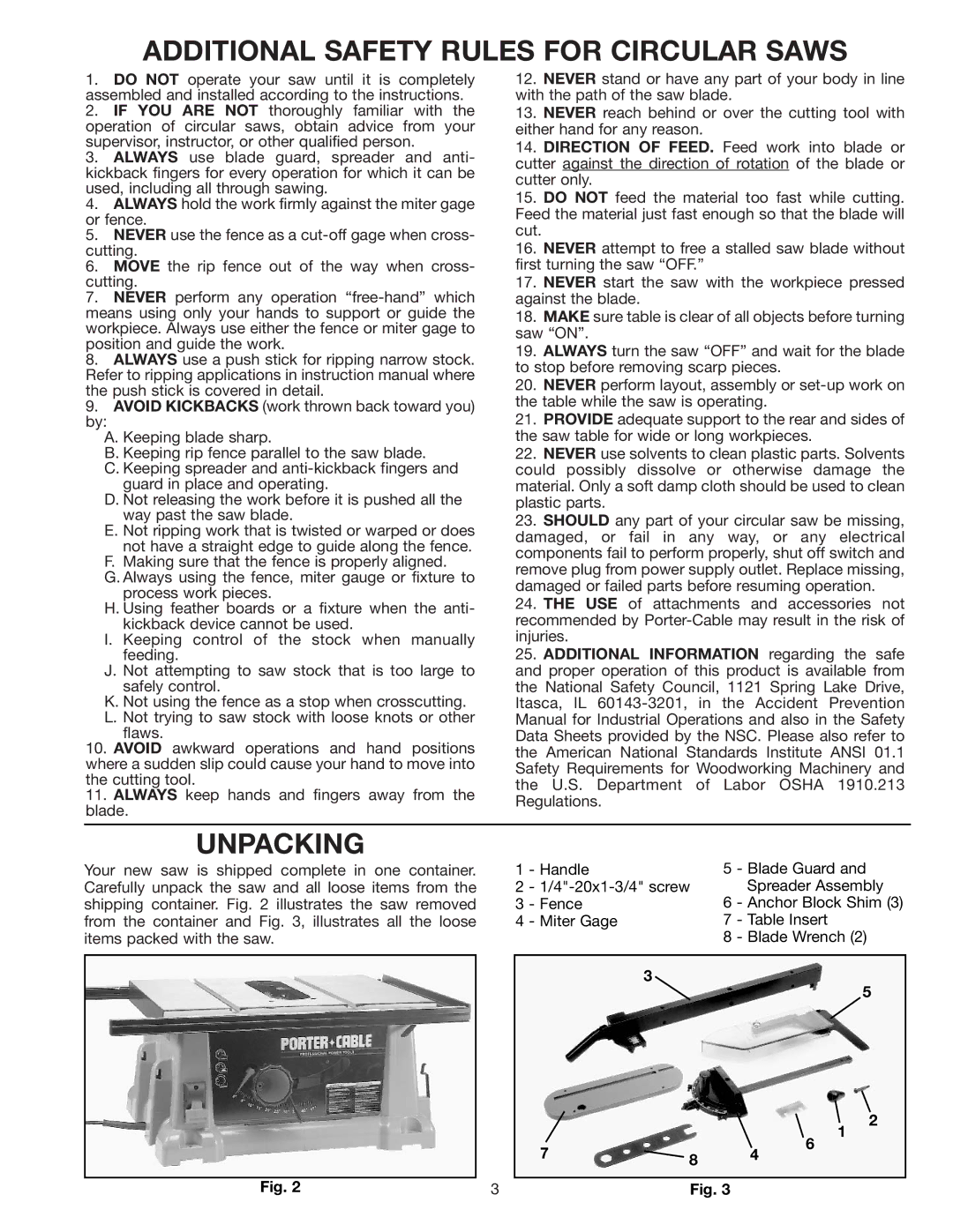 Porter-Cable 3812 instruction manual Additional Safety Rules for Circular Saws, Unpacking 