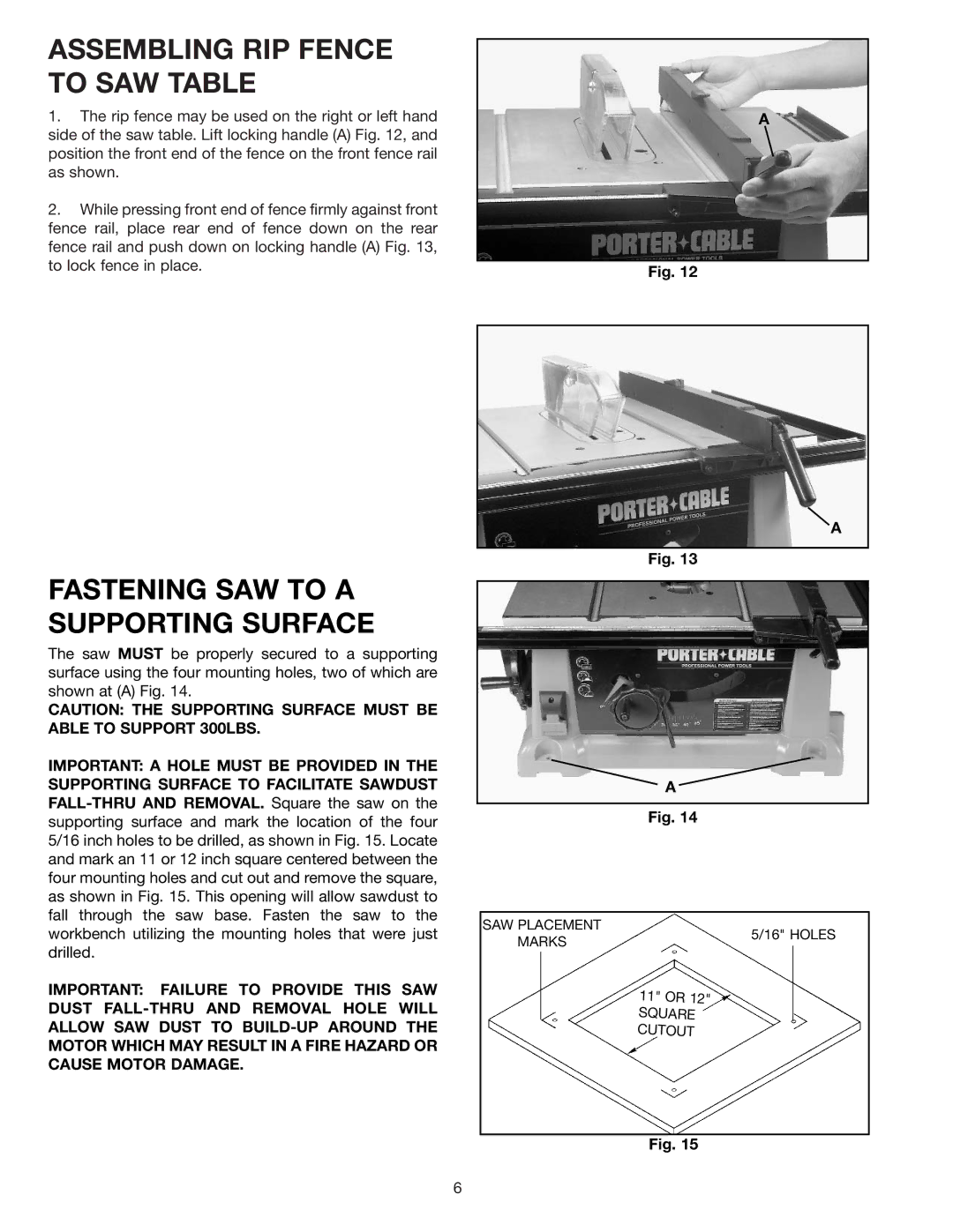 Porter-Cable 3812 instruction manual Assembling RIP Fence to SAW Table, Fastening SAW to a Supporting Surface 