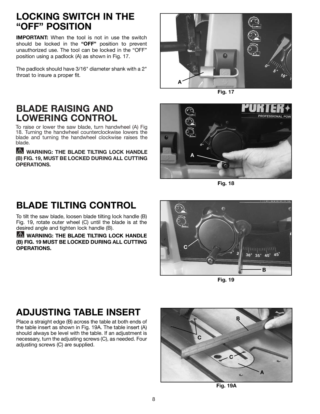 Porter-Cable 3812 Locking Switch in the OFF Position, Blade Raising and Lowering Control, Blade Tilting Control 