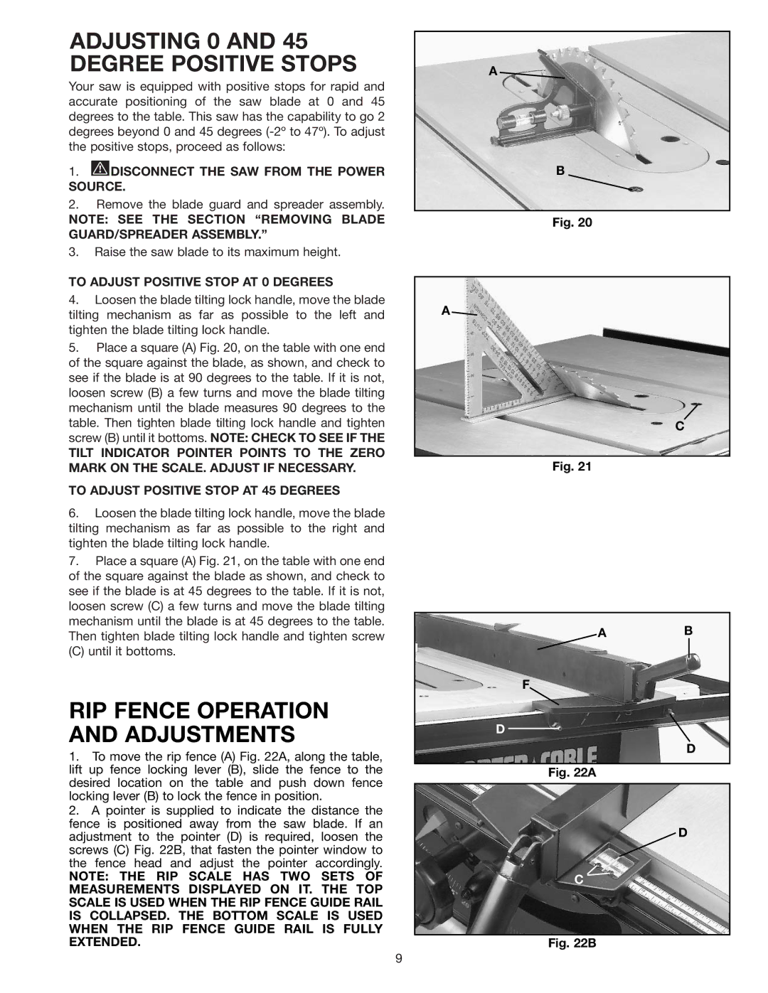 Porter-Cable 3812 instruction manual Adjusting 0 and 45 Degree Positive Stops, RIP Fence Operation and Adjustments 