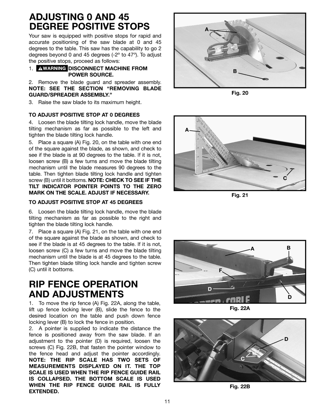 Porter-Cable 38129, 38239 instruction manual Adjusting 0 and 45 Degree Positive Stops, RIP Fence Operation and Adjustments 