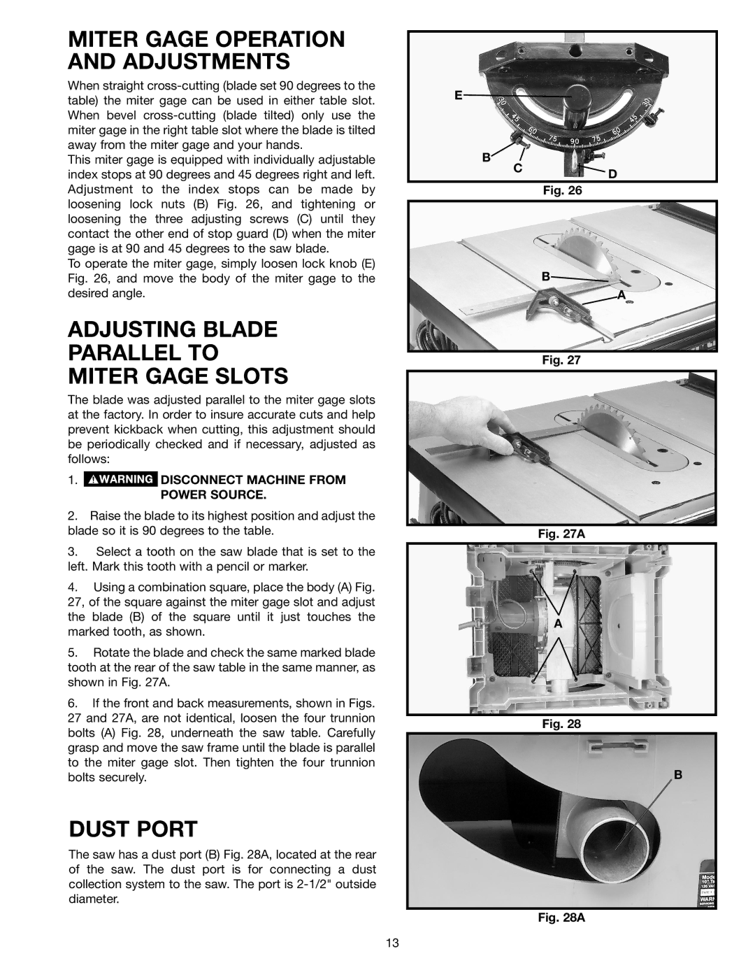 Porter-Cable 38129, 38239 Miter Gage Operation and Adjustments, Adjusting Blade Parallel to Miter Gage Slots, Dust Port 