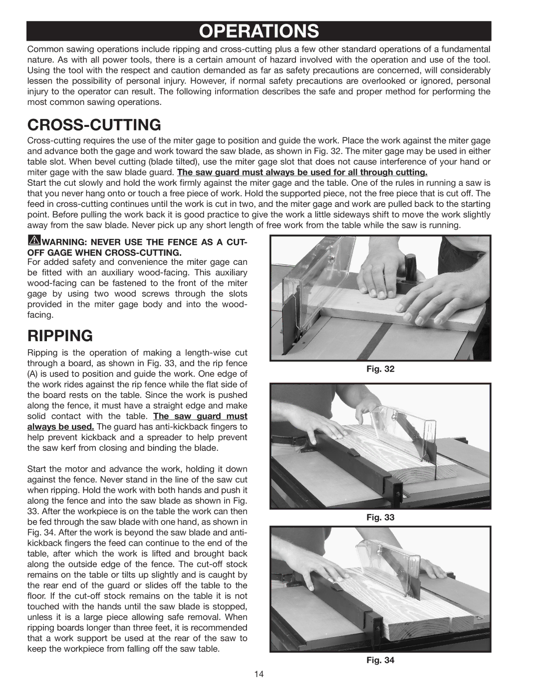 Porter-Cable 38239, 38129 instruction manual Operations, Cross-Cutting, Ripping 