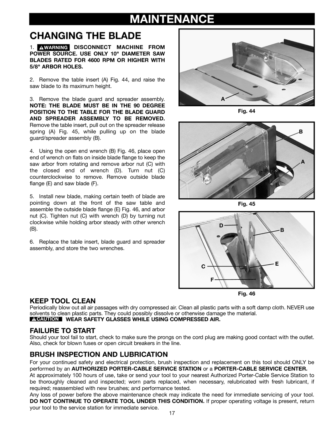 Porter-Cable 38129, 38239 instruction manual Maintenance, Changing the Blade, Wear Safety Glasses While Using Compressed AIR 