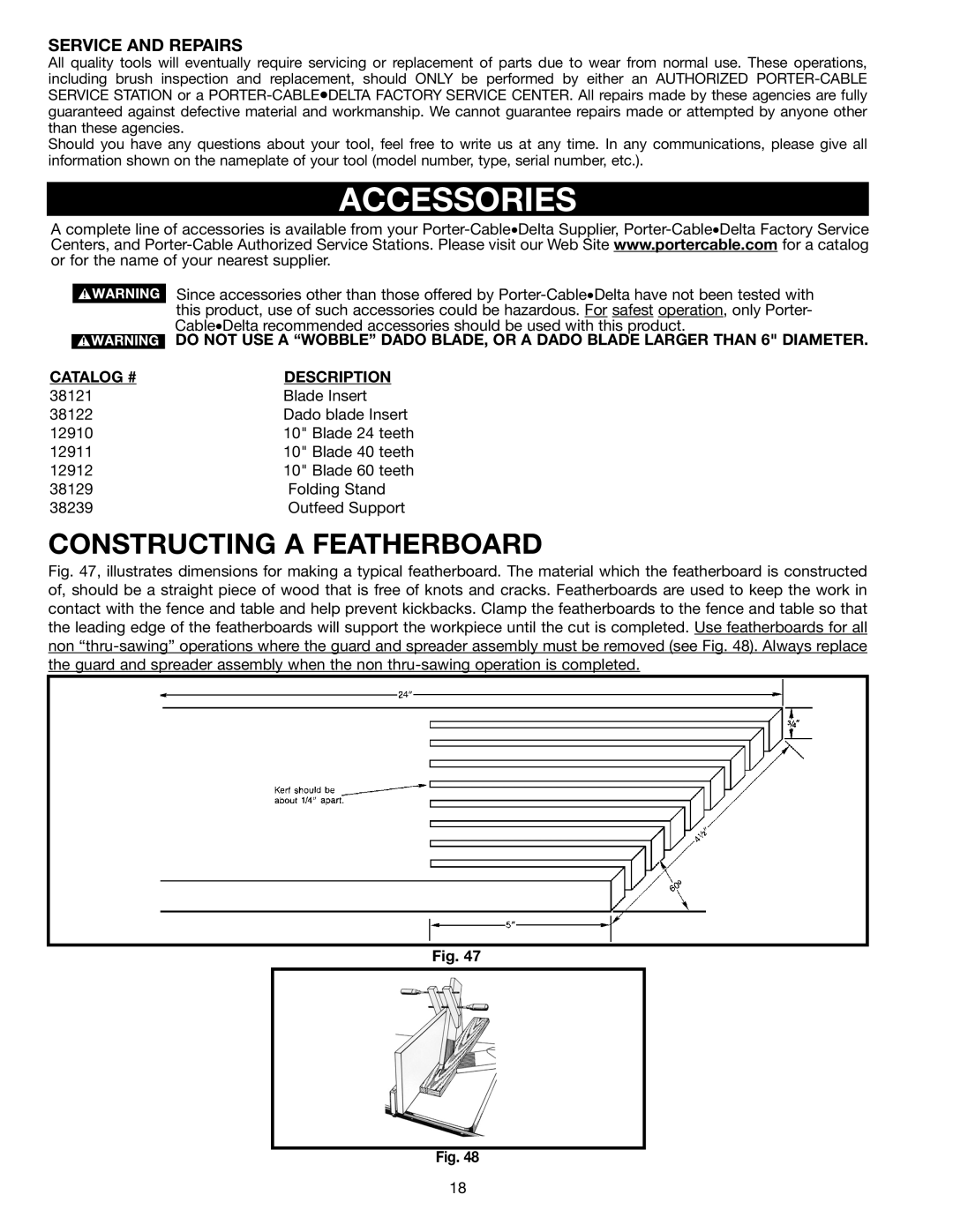 Porter-Cable 38239, 38129 instruction manual Accessories, Constructing a Featherboard, Catalog # Description 