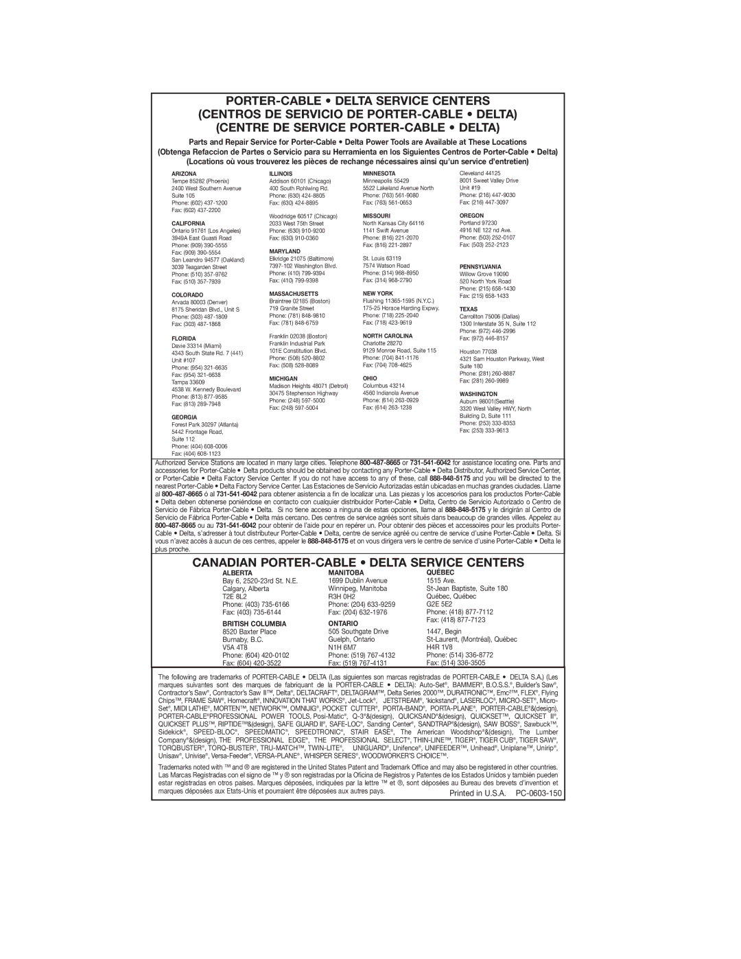 Porter-Cable 38129, 38239 instruction manual Canadian PORTER-CABLE Delta Service Centers, Arizona Illinois Minnesota 