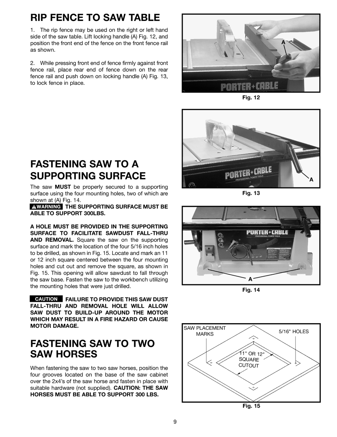 Porter-Cable 38129, 38239 RIP Fence to SAW Table, Fastening SAW to a Supporting Surface, Fastening SAW to TWO SAW Horses 