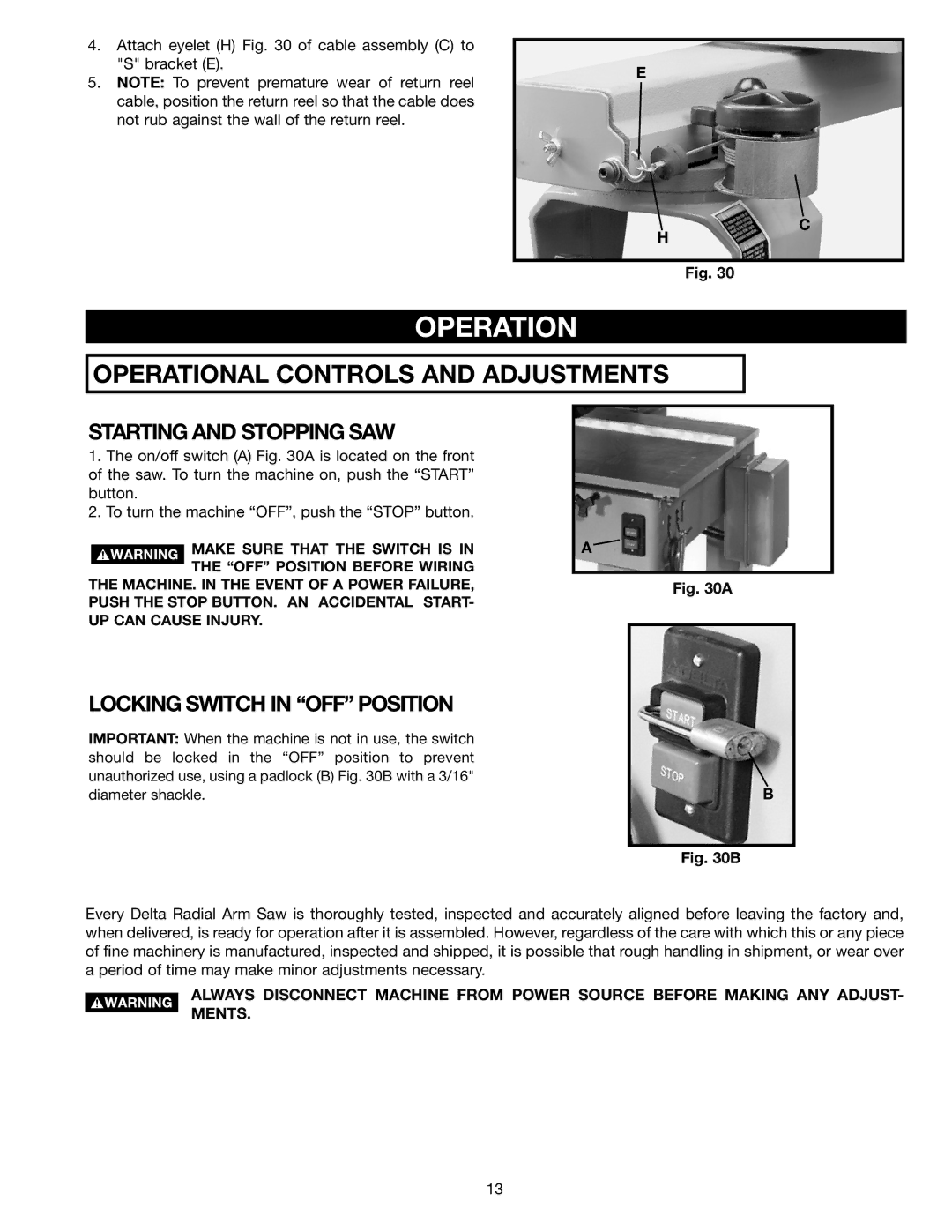 Porter-Cable 16, 33-400, 33-422, 33-423), 33-421 Operation, Starting and Stopping SAW, Locking Switch in OFF Position 