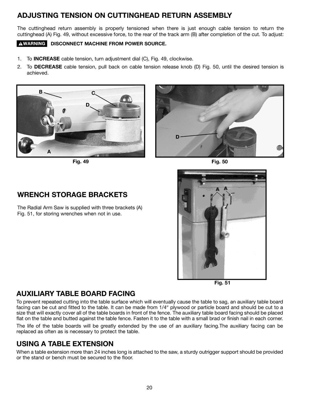 Porter-Cable 33-403, 16 Adjusting Tension on Cuttinghead Return Assembly, Wrench Storage Brackets, Using a Table Extension 