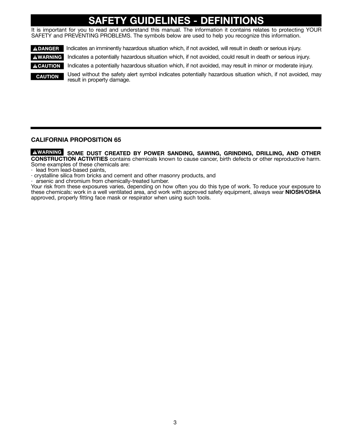 Porter-Cable 33-423), 33-400, 33-422, 33-421, 33-411, 33-403, 33-410, 16 Safety Guidelines Definitions, California Proposition 