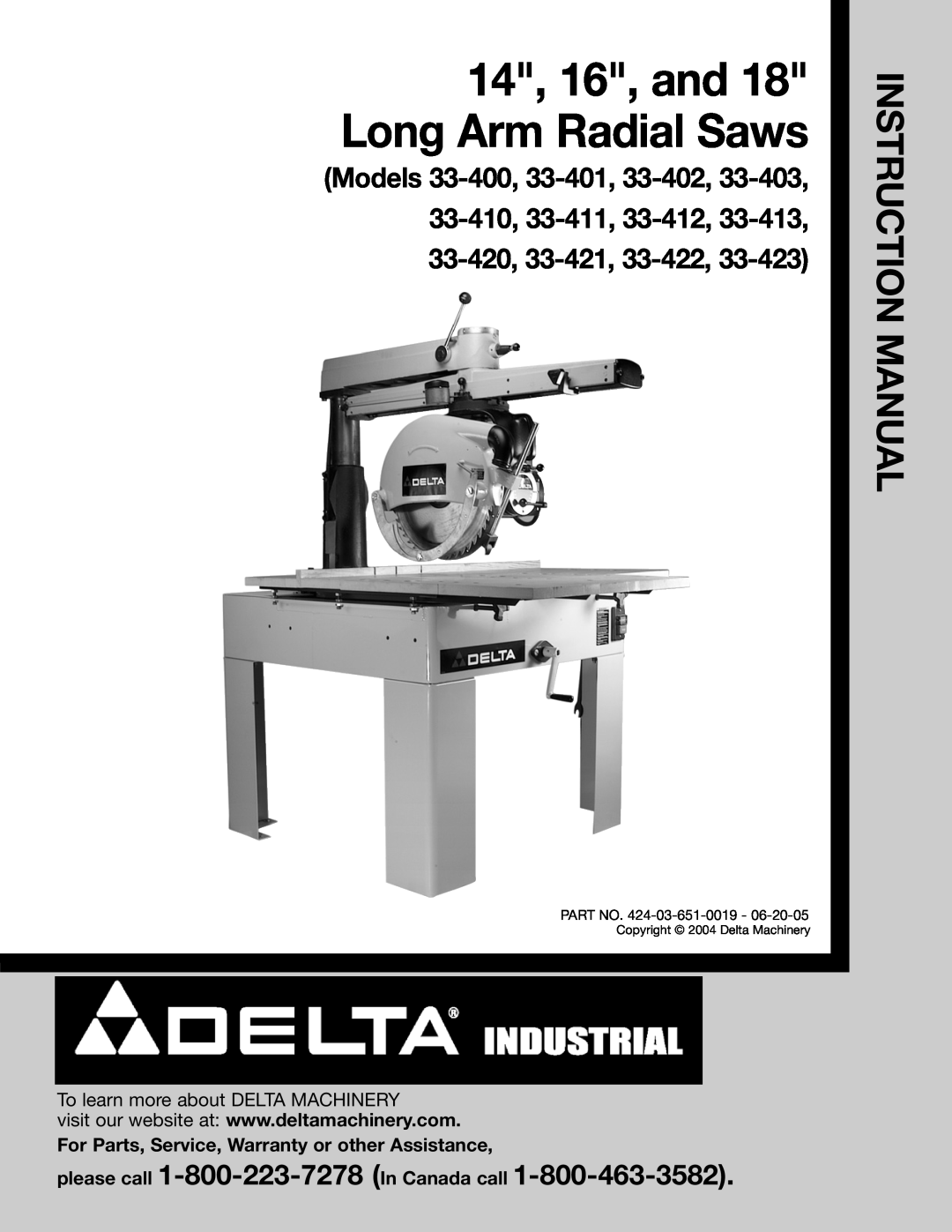 Porter-Cable 33-400 instruction manual please call 1-800-223-7278 In Canada call, 14, 16, and 18 Long Arm Radial Saws 