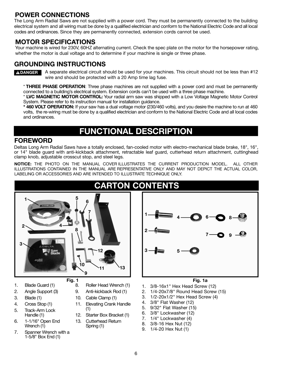 Porter-Cable 33-403, 33-400, 16 Functional Description, Carton Contents, Power Connections, Motor Specifications, Foreword 