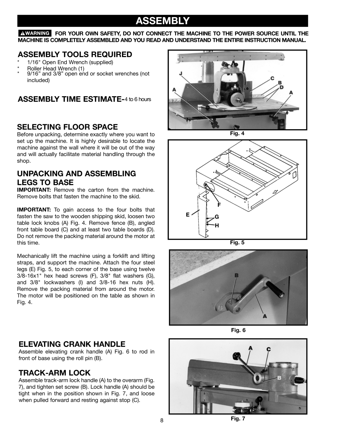 Porter-Cable 33-402 Assembly Tools Required, ASSEMBLY TIME ESTIMATE-4 to 6 hours SELECTING FLOOR SPACE, Track-Arm Lock 