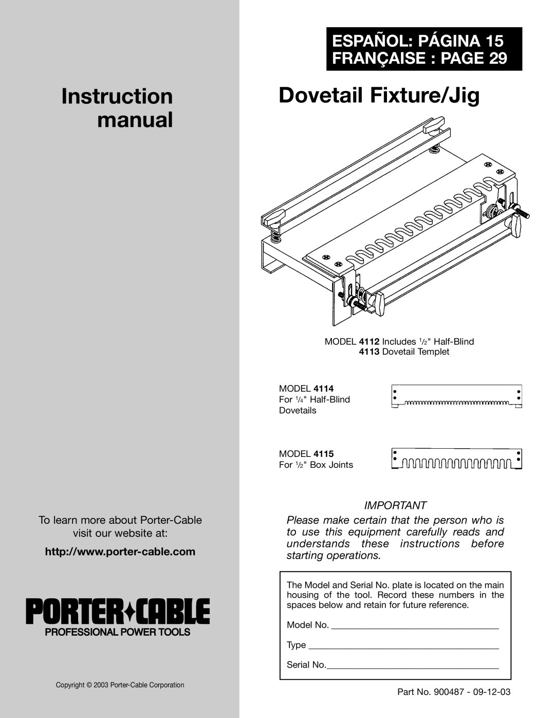 Porter-Cable 4112, 4113, 4114, 4115 instruction manual Español Página, Française 