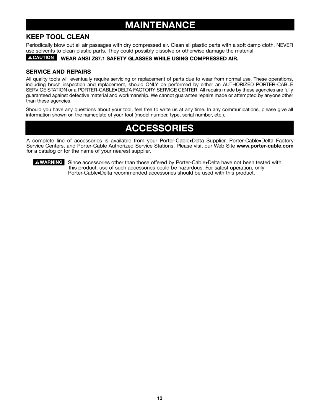 Porter-Cable 4112, 4113, 4114, 4115 instruction manual Maintenance, Accessories 