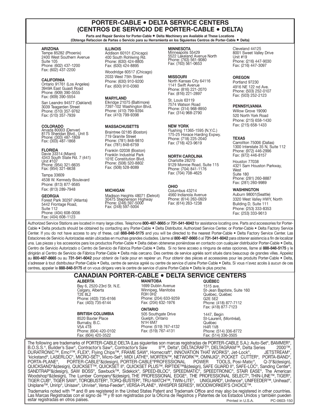 Porter-Cable 4112, 4113, 4114, 4115 Canadian PORTER-CABLE Delta Service Centers, Arizona Illinois Minnesota 