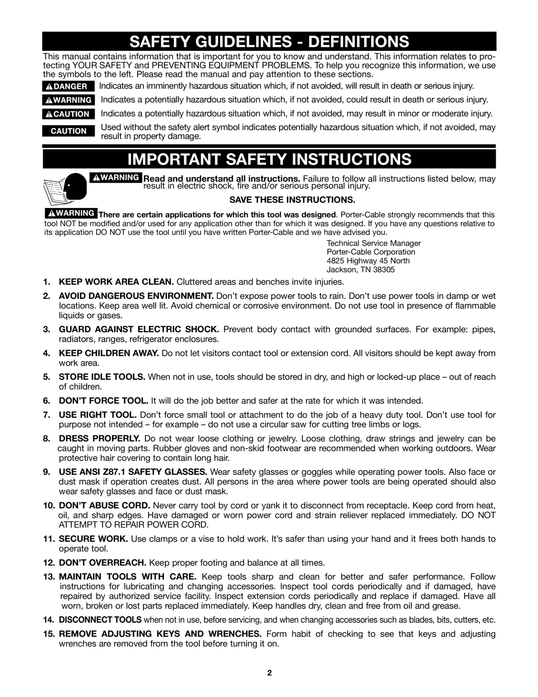 Porter-Cable 4112, 4113, 4114, 4115 instruction manual Safety Guidelines Definitions, Important Safety Instructions 