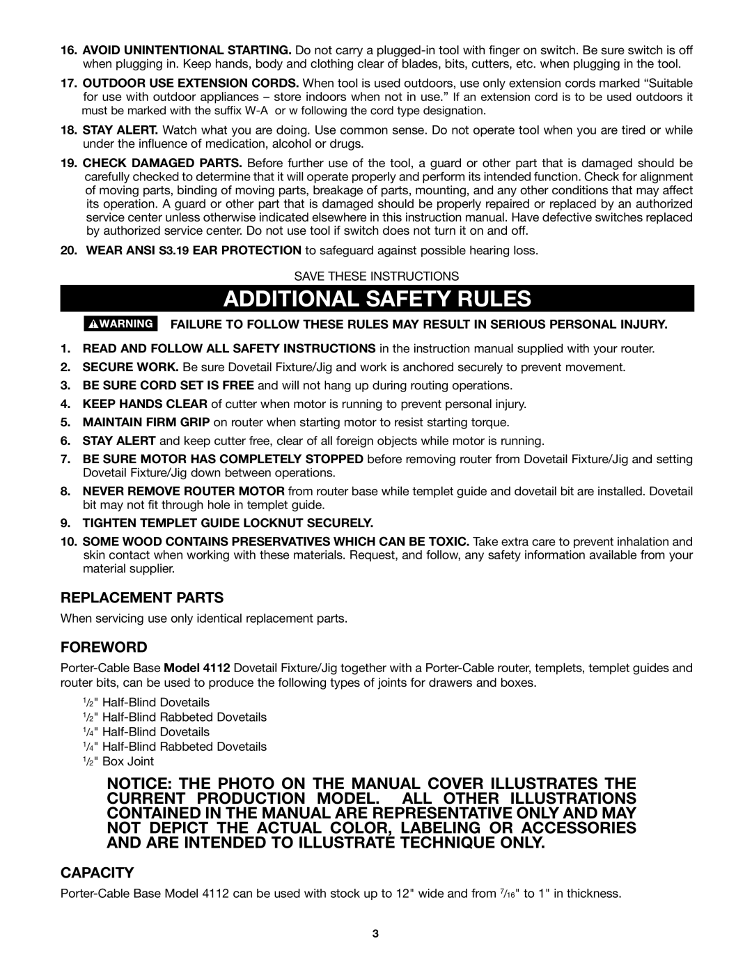 Porter-Cable 4112, 4113, 4114, 4115 instruction manual Additional Safety Rules, Replacement Parts, Foreword, Capacity 