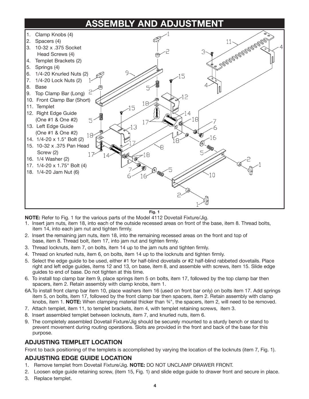 Porter-Cable 4113, 4115, 4114 Assembly and Adjustment, Adjusting Templet Location, Adjusting Edge Guide Location 