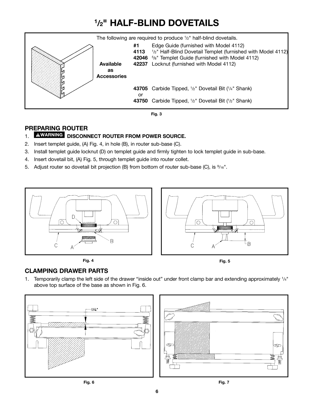 Porter-Cable 4112, 4113, 4114, 4115 instruction manual HALF-BLIND Dovetails, Preparing Router, Clamping Drawer Parts 