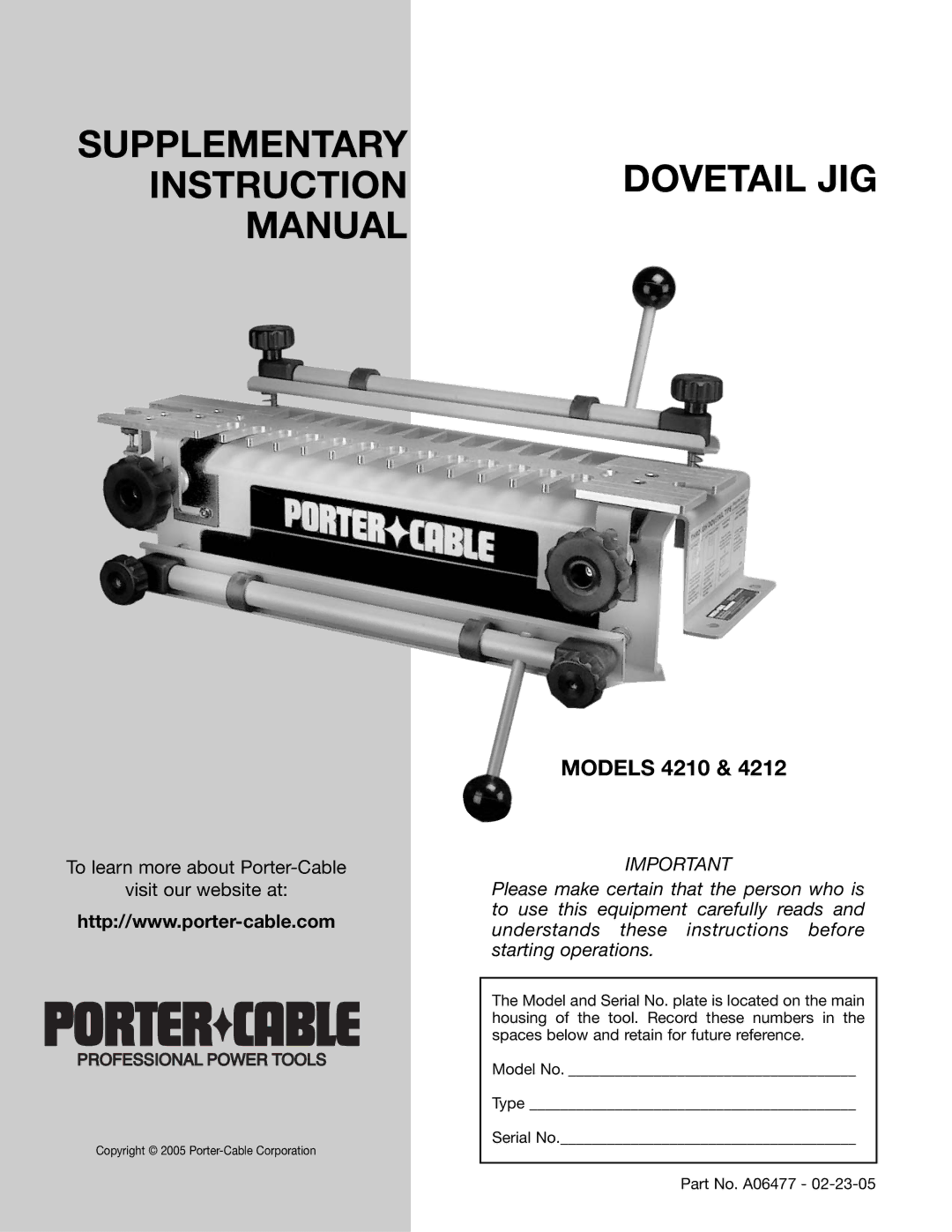 Porter-Cable 4210 & 4212 instruction manual Supplementary Instructiondovetail JIG Manual 