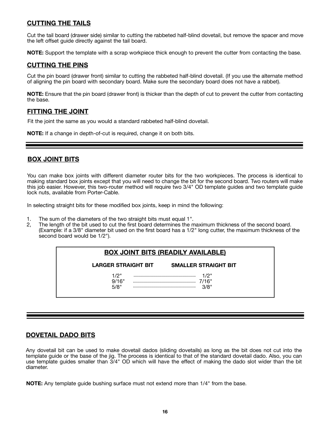 Porter-Cable 4210 & 4212 instruction manual BOX Joint Bits Readily Available, Dovetail Dado Bits 