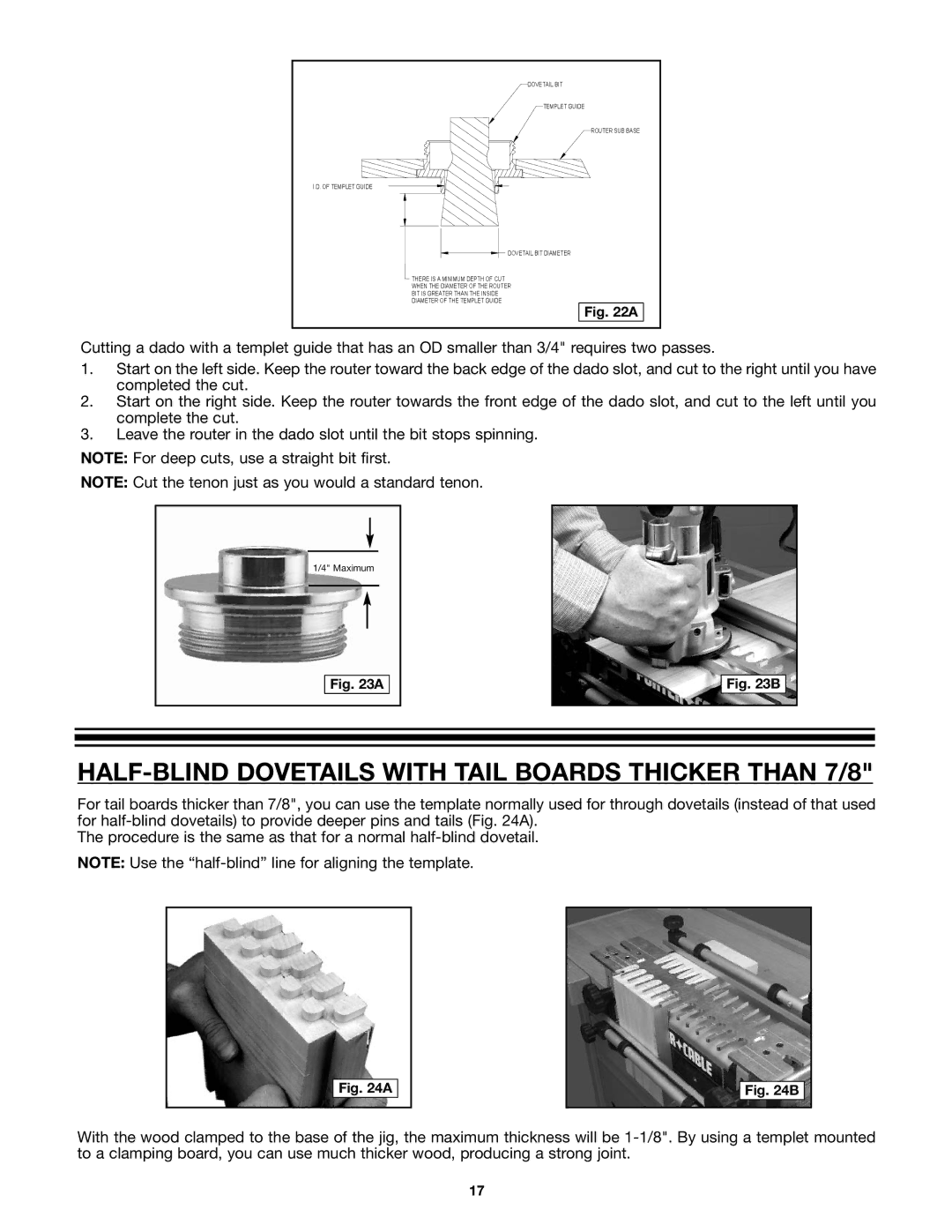 Porter-Cable 4210 & 4212 instruction manual HALF-BLIND Dovetails with Tail Boards Thicker than 7/8 