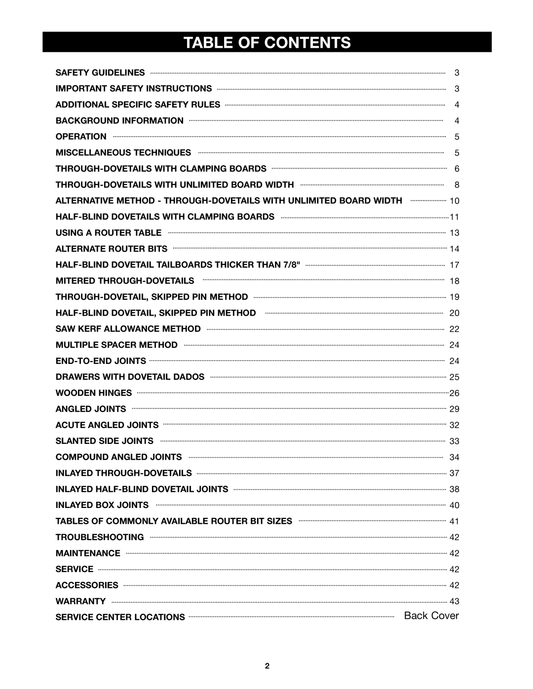 Porter-Cable 4210 & 4212 instruction manual Table of Contents 