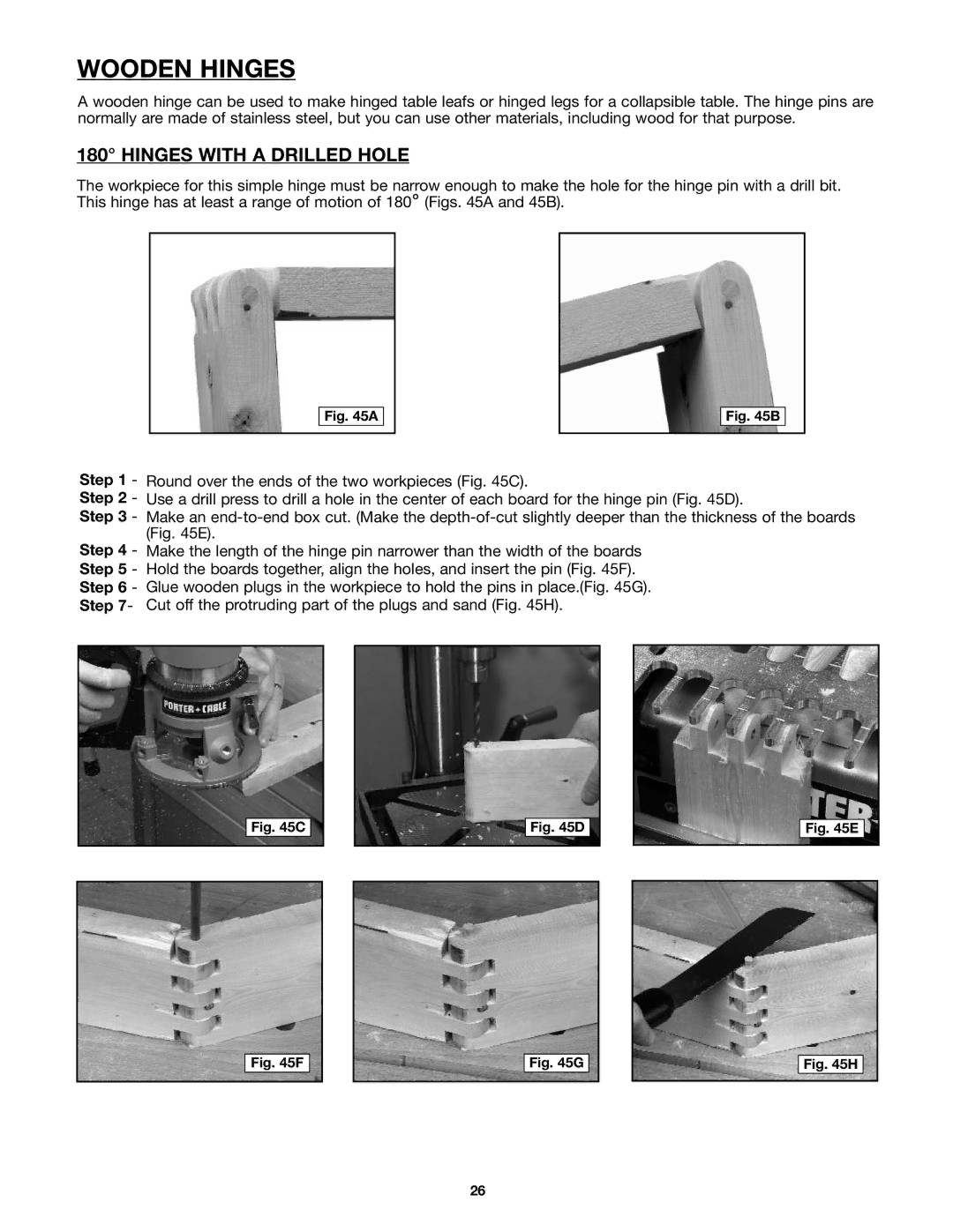 Porter-Cable 4210 & 4212 instruction manual Wooden Hinges, Hinges with a Drilled Hole 