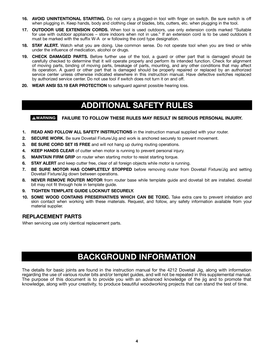 Porter-Cable 4210 & 4212 instruction manual Additional Safety Rules, Background Information, Replacement Parts 