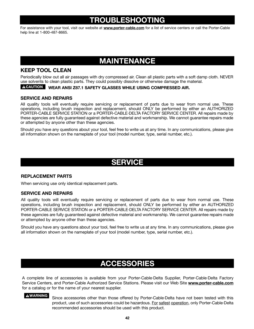 Porter-Cable 4210 & 4212 instruction manual Troubleshooting Maintenance, Service, Accessories 