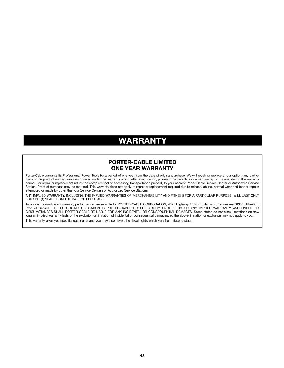 Porter-Cable 4210 & 4212 instruction manual PORTER-CABLE Limited ONE Year Warranty 