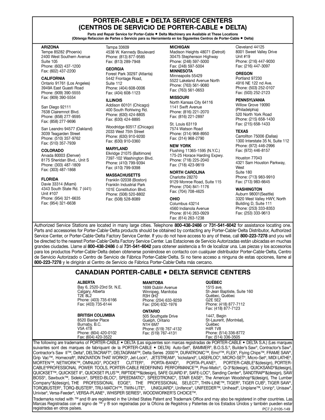 Porter-Cable 4210 & 4212 instruction manual Canadian PORTER-CABLE Delta Service Centers, Michigan 