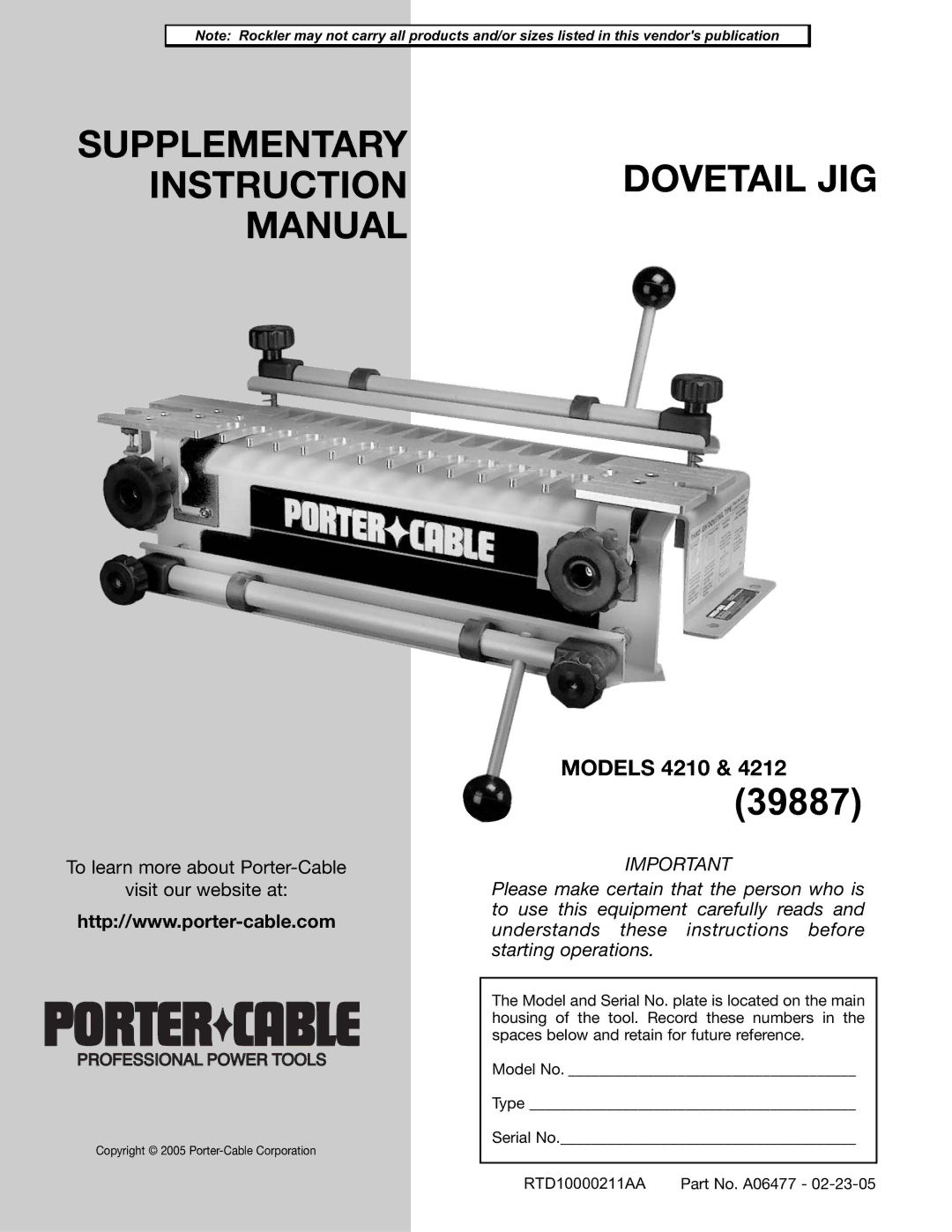 Porter-Cable 4212, 4210 instruction manual Supplementary Instructiondovetail JIG Manual 