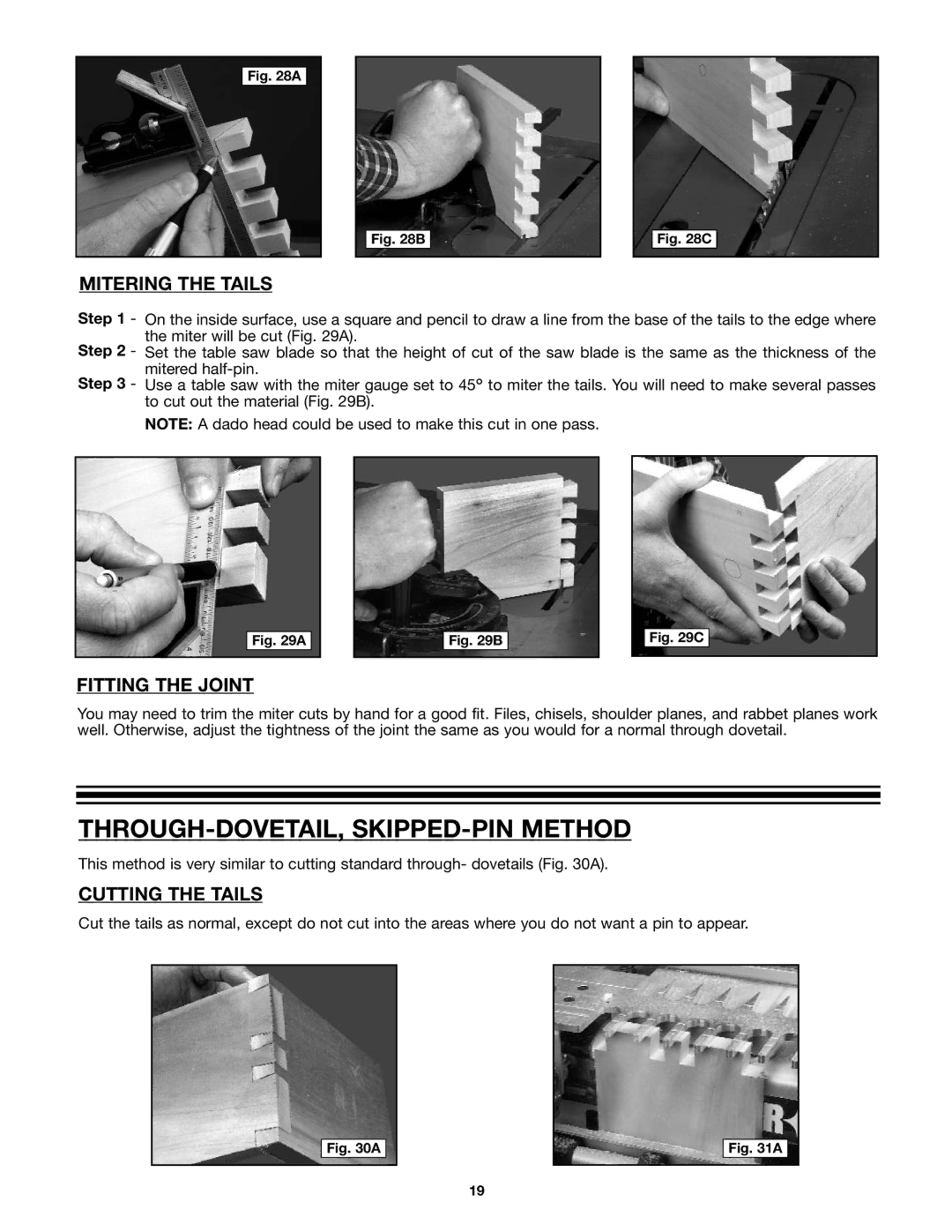 Porter-Cable 4212, 4210 instruction manual THROUGH-DOVETAIL, SKIPPED-PIN Method, Mitering the Tails 