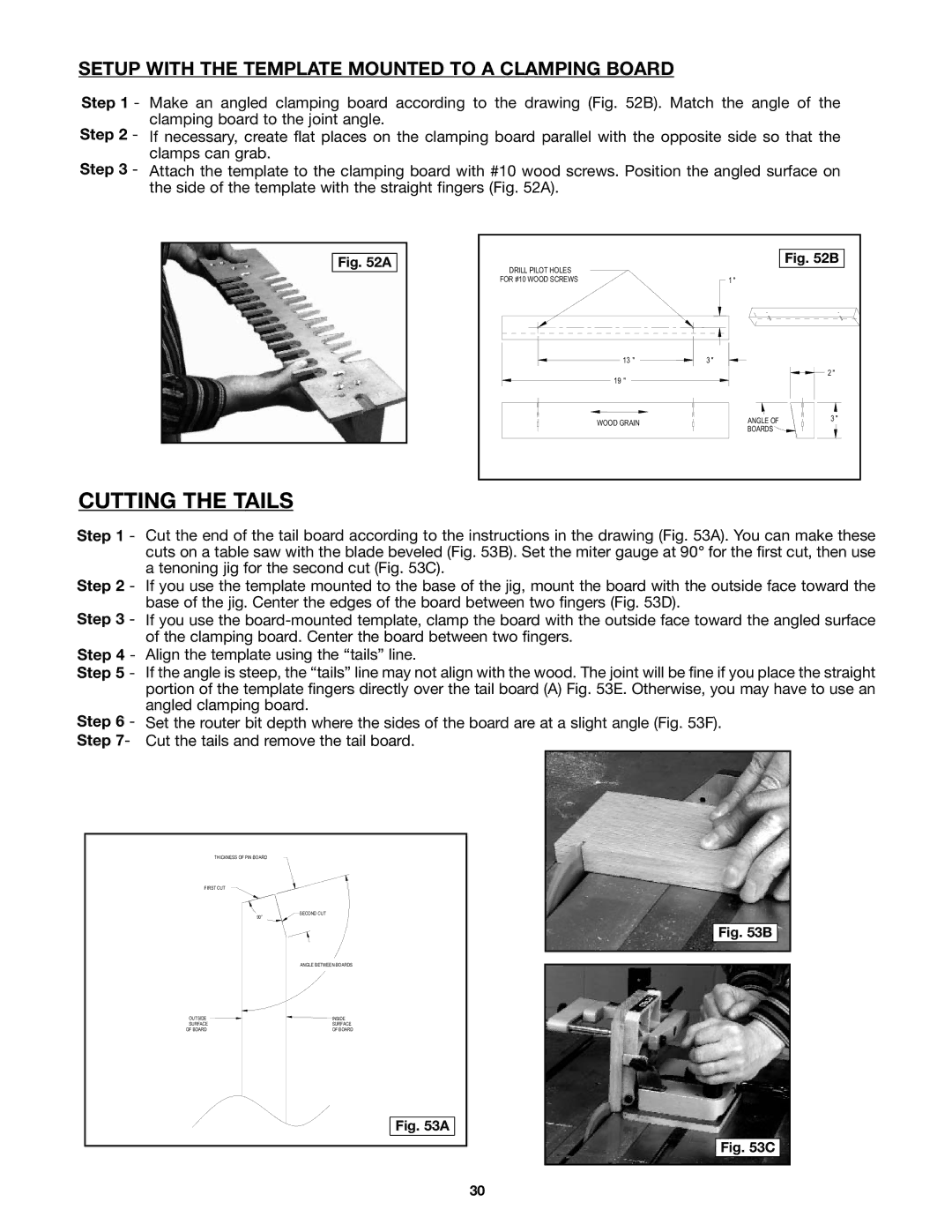 Porter-Cable 4210, 4212 instruction manual Cutting the Tails, Setup with the Template Mounted to a Clamping Board 