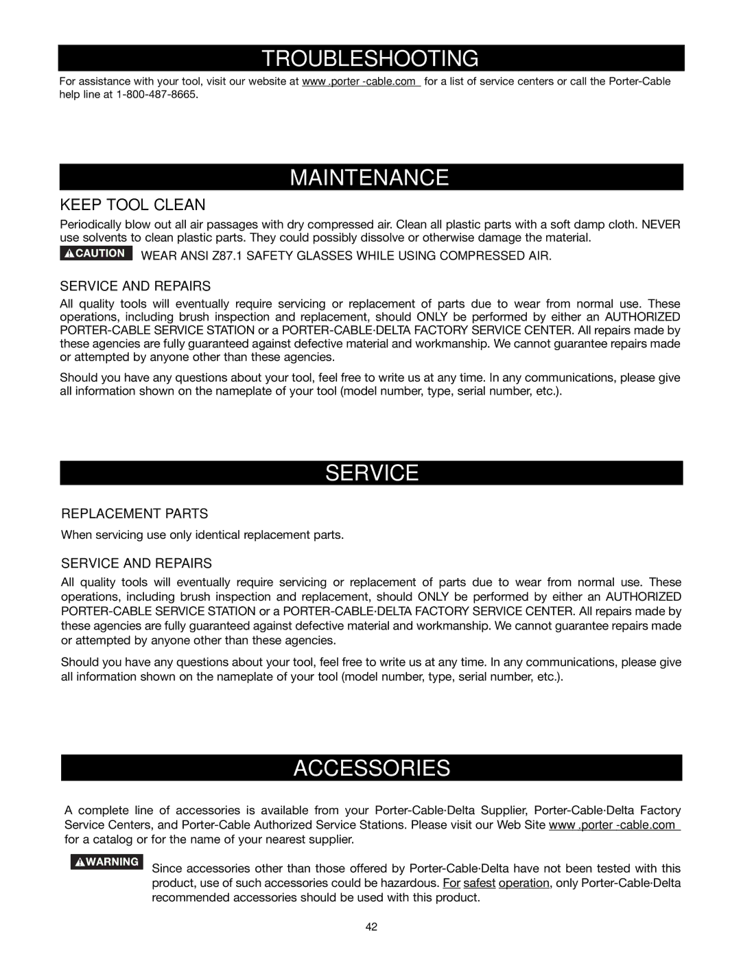 Porter-Cable 4210, 4212 instruction manual Troubleshooting Maintenance, Service, Accessories 