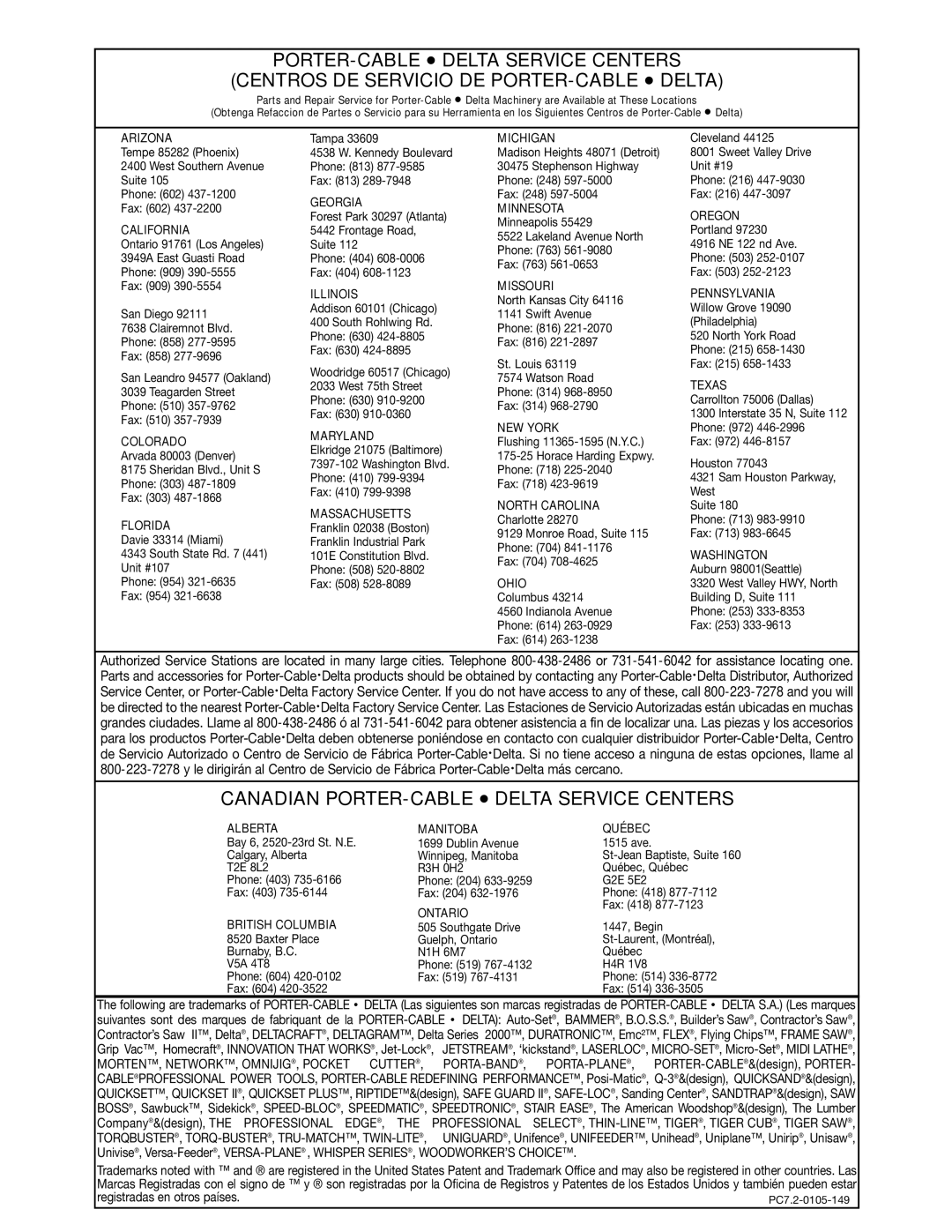 Porter-Cable 4210, 4212 instruction manual Canadian PORTER-CABLE Delta Service Centers, Michigan 