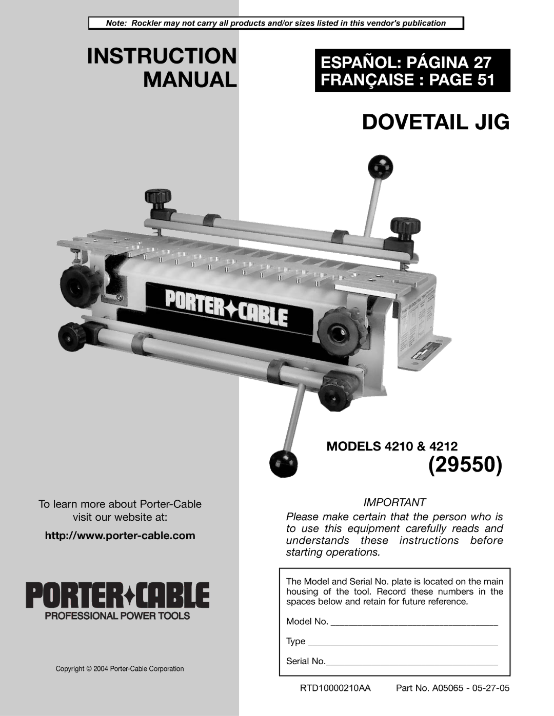 Porter-Cable 4212 (29550) instruction manual Español Página, Française 