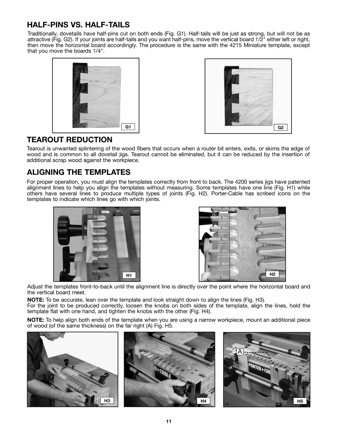 Porter-Cable 4212 (29550) instruction manual Half-Pins Vs. Half-Tails, Tearout Reduction, Aligning the Templates 