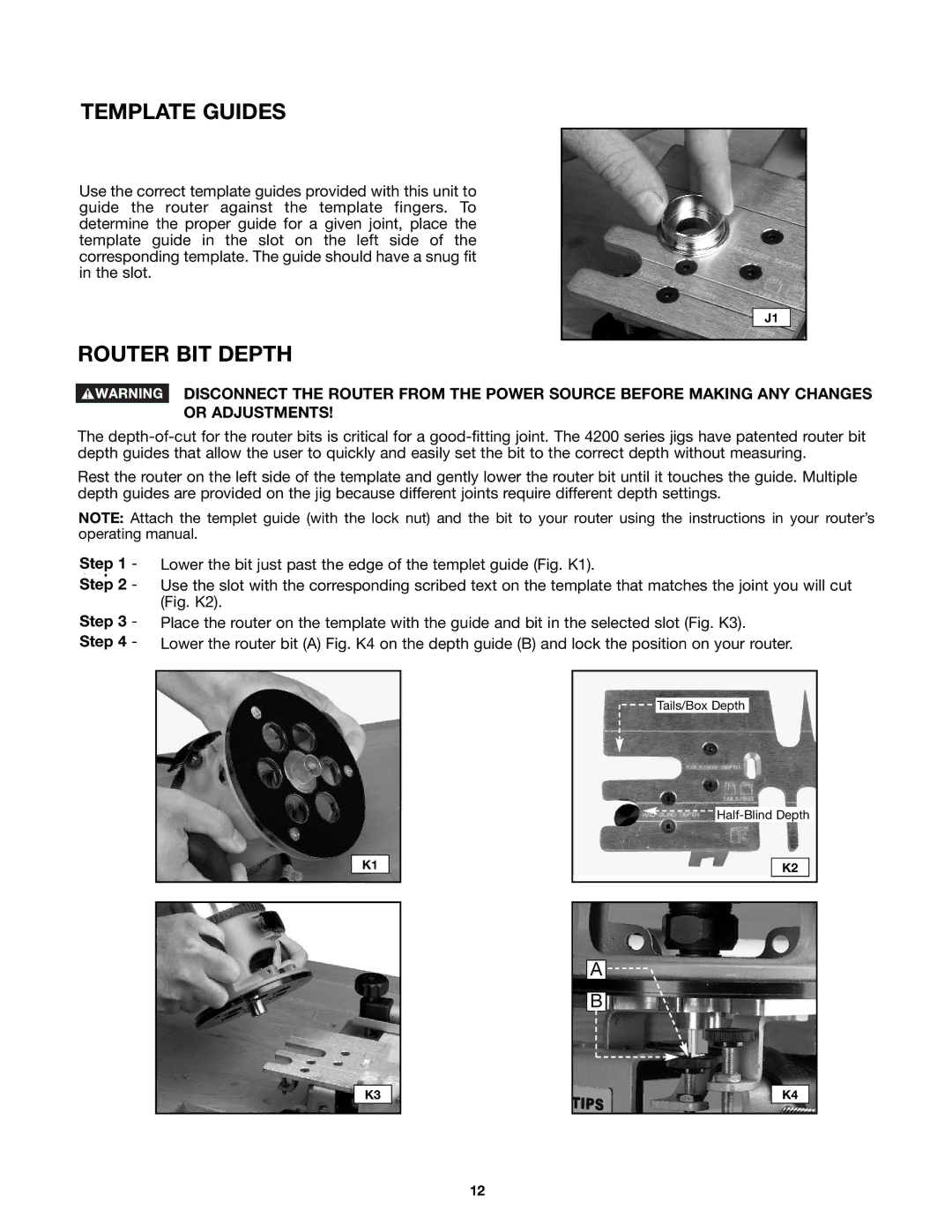 Porter-Cable 4212 (29550) instruction manual Template Guides, Router BIT Depth 