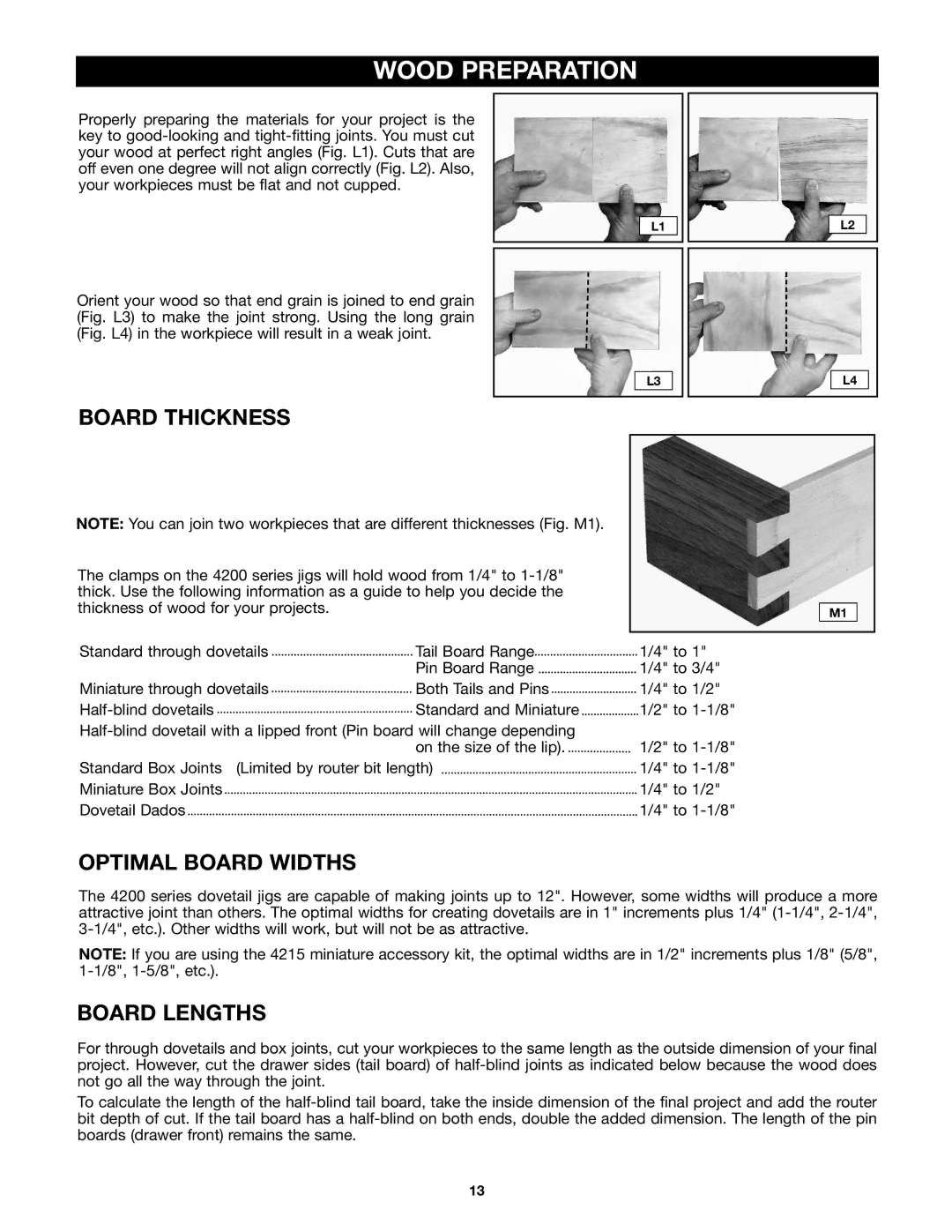 Porter-Cable 4212 (29550) instruction manual Board Thickness, Optimal Board Widths, Board Lengths 