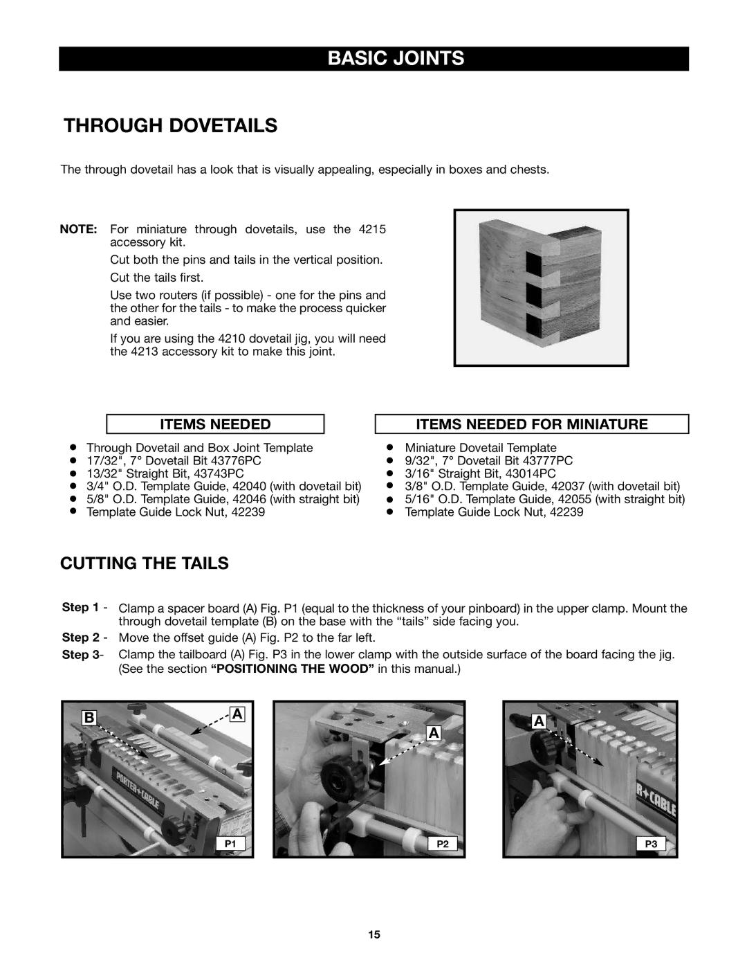 Porter-Cable 4212 (29550) instruction manual Cutting the Tails, Items Needed Items Needed for Miniature 