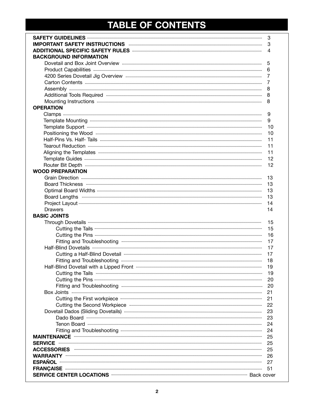 Porter-Cable 4212 (29550) instruction manual Table of Contents 